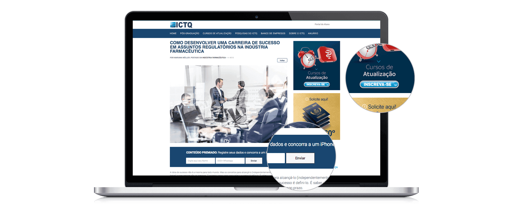 Chamadas para conversão no site ICTQ desenvolvido pela Agência Nova